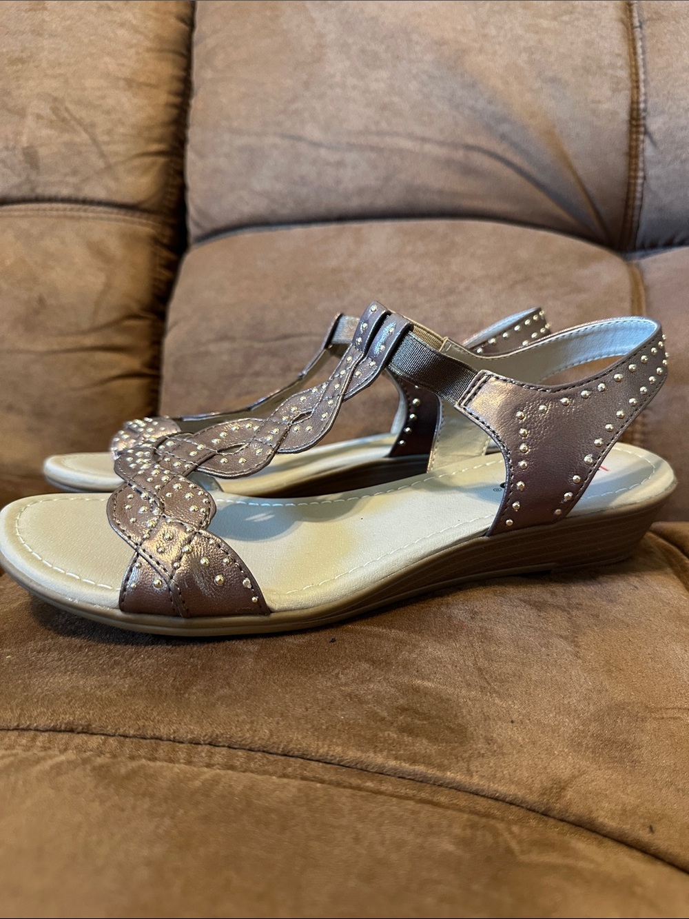 Women's Metallic Brown Studded T-Strap Sandals